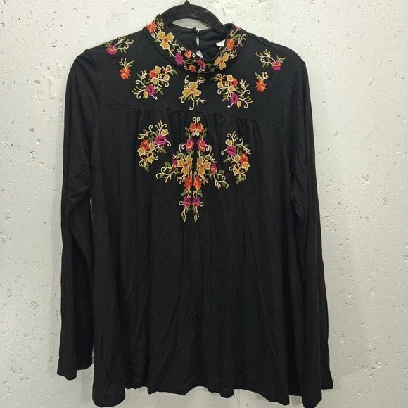 cupio Womens Medium Top Floral Embroidered Long Sleeve Blouse Mock Neck - Picture 1 of 7
